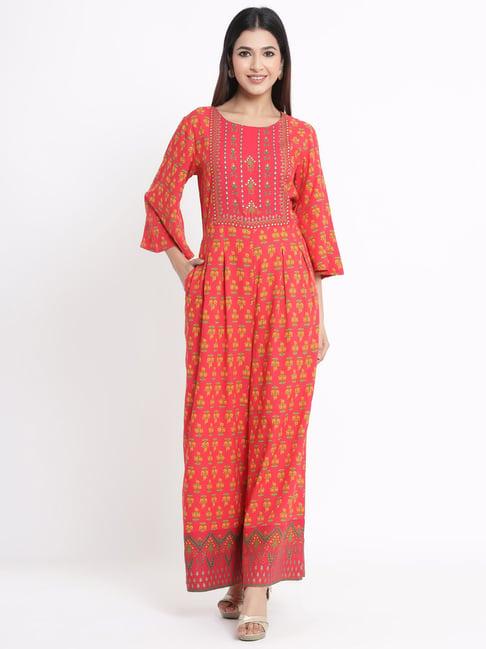 juniper coral ethnic motif printed rayon flared jumpsuit