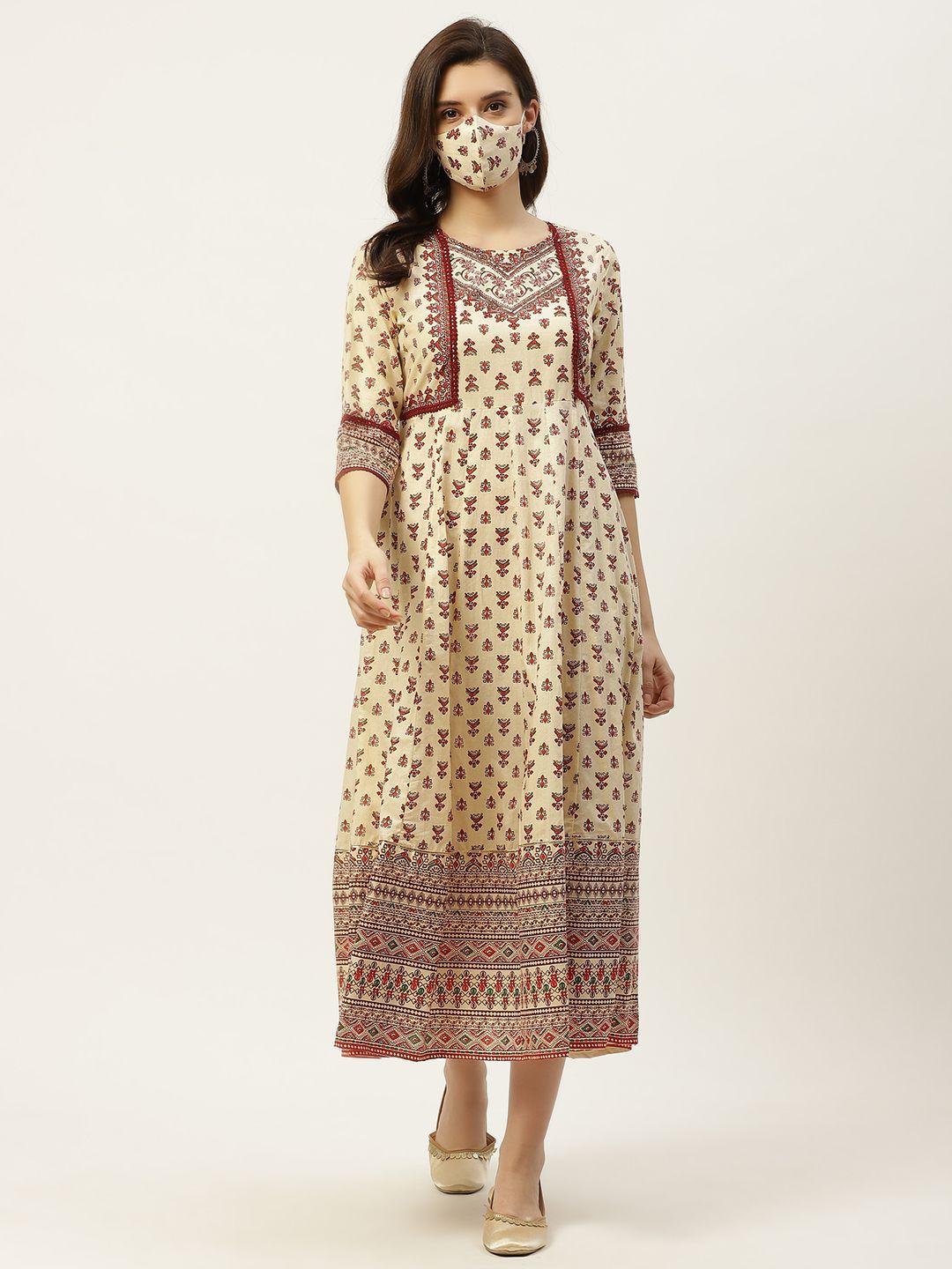 juniper cream-coloured & maroon ethnic motifs cambric cotton a-line midi dress