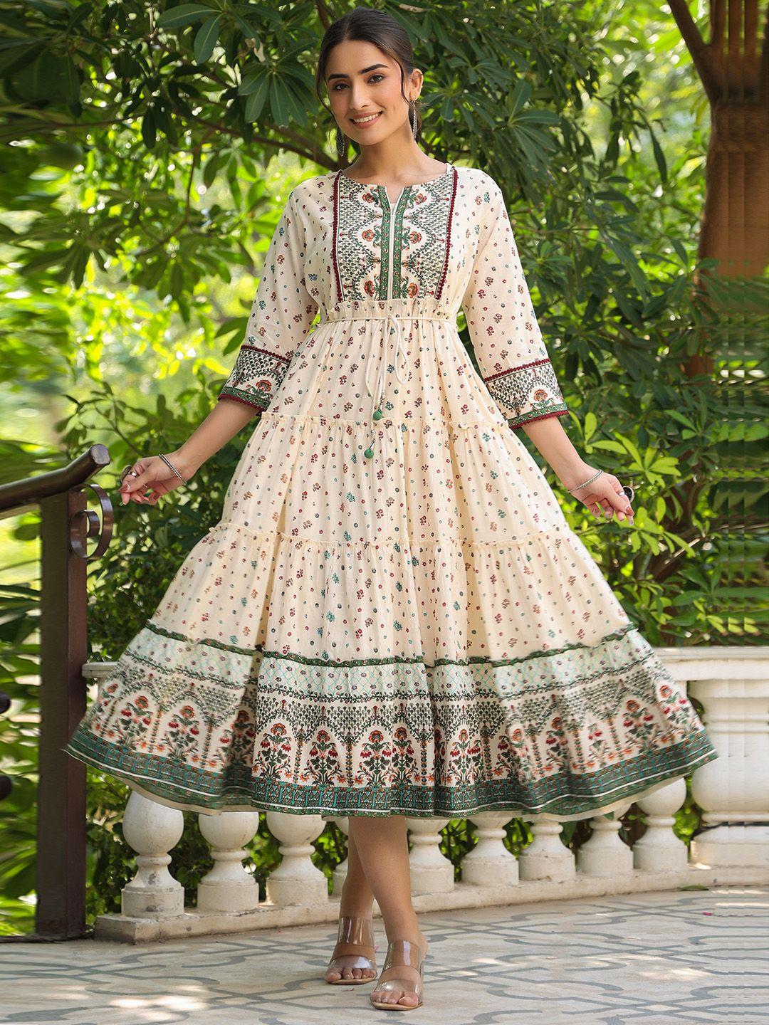 juniper cream-coloured & olive green ethnic motifs ethnic midi dress