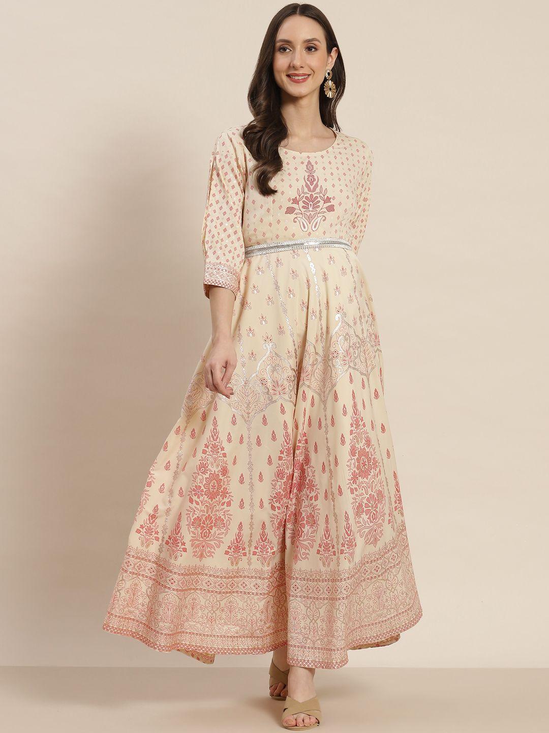 juniper cream-coloured & red ethnic motifs printed maxi dress