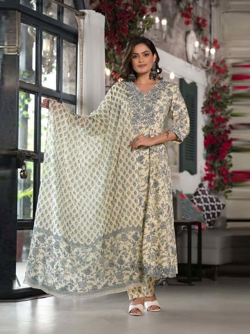 juniper cream embroidered kurta pant set with dupatta