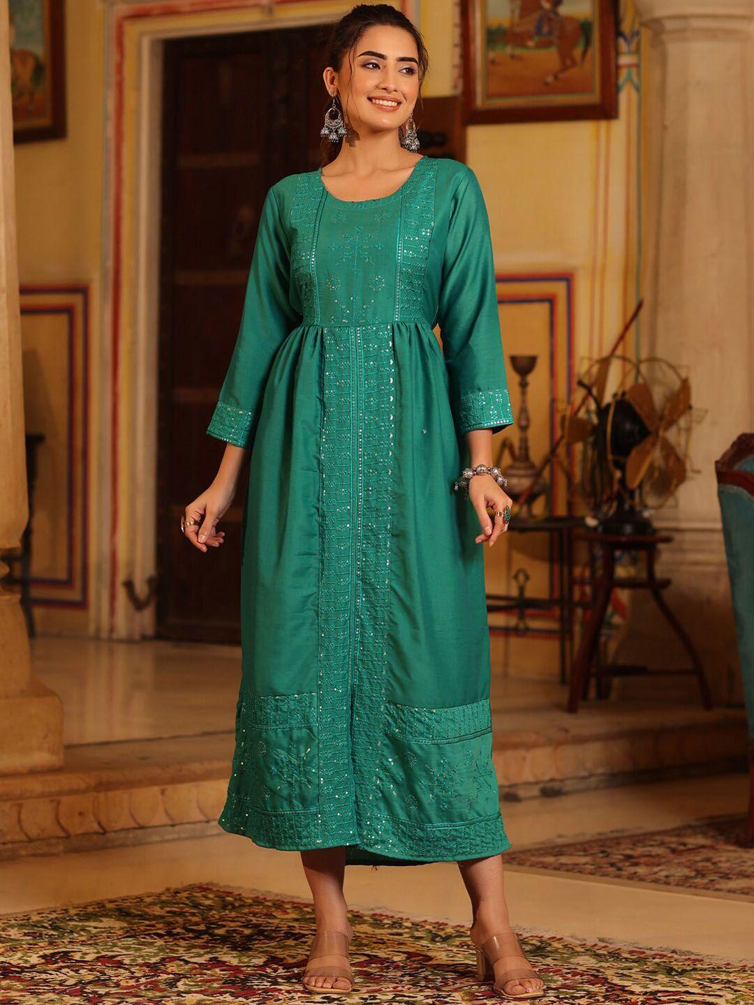 juniper embellished sequinned cotton fit & flared maxi ethnic dress
