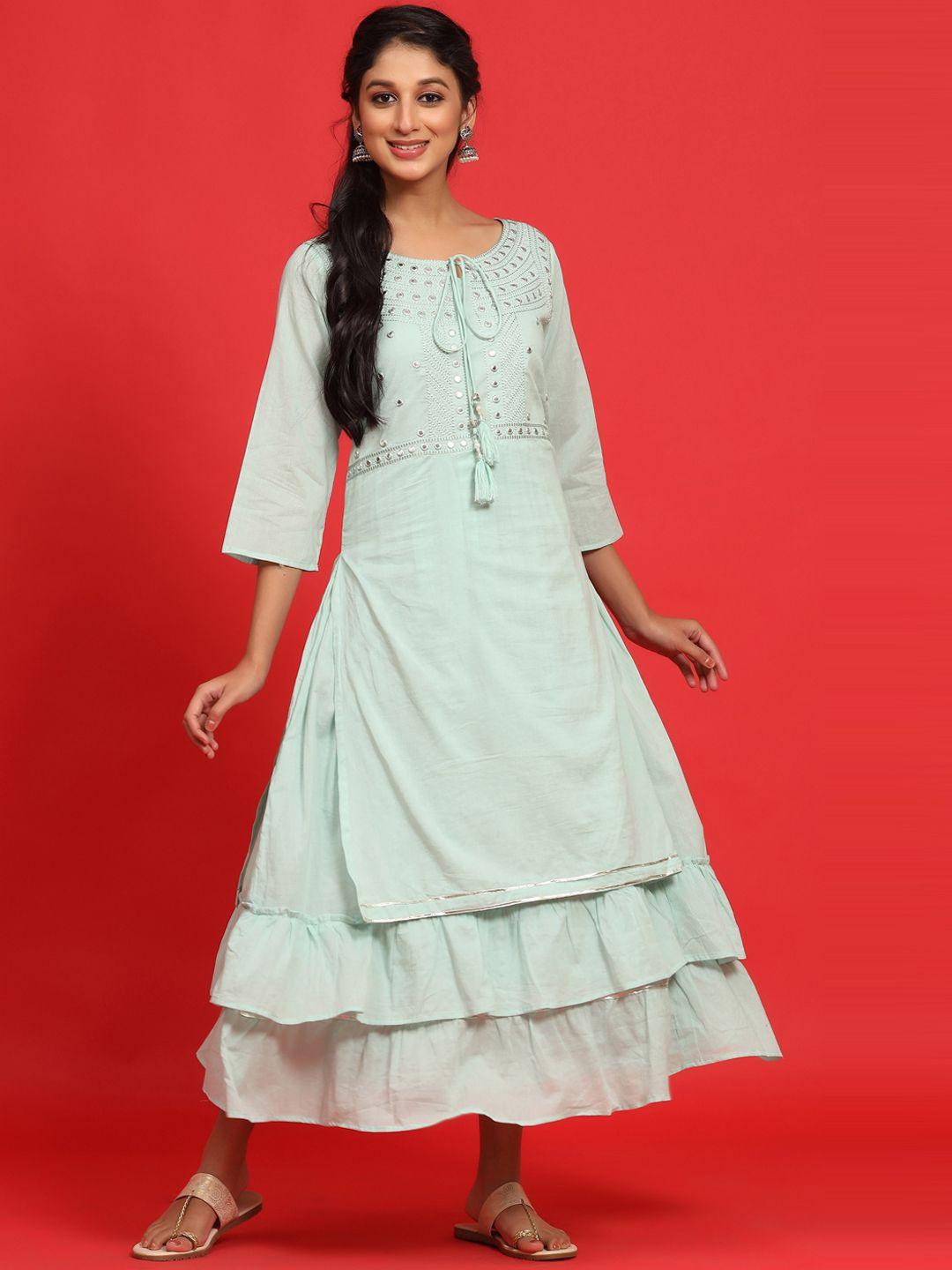 juniper embroidered cotton tie-up neck layered maxi ethnic dress