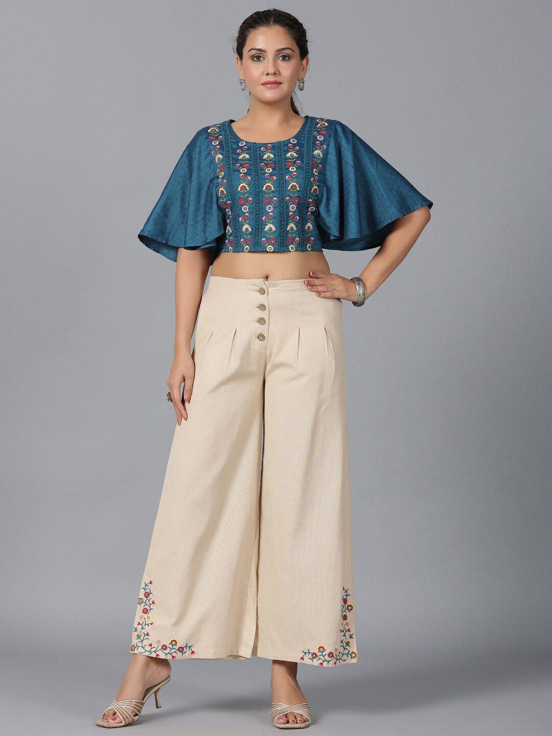 juniper embroidered crop top with flared palazzo