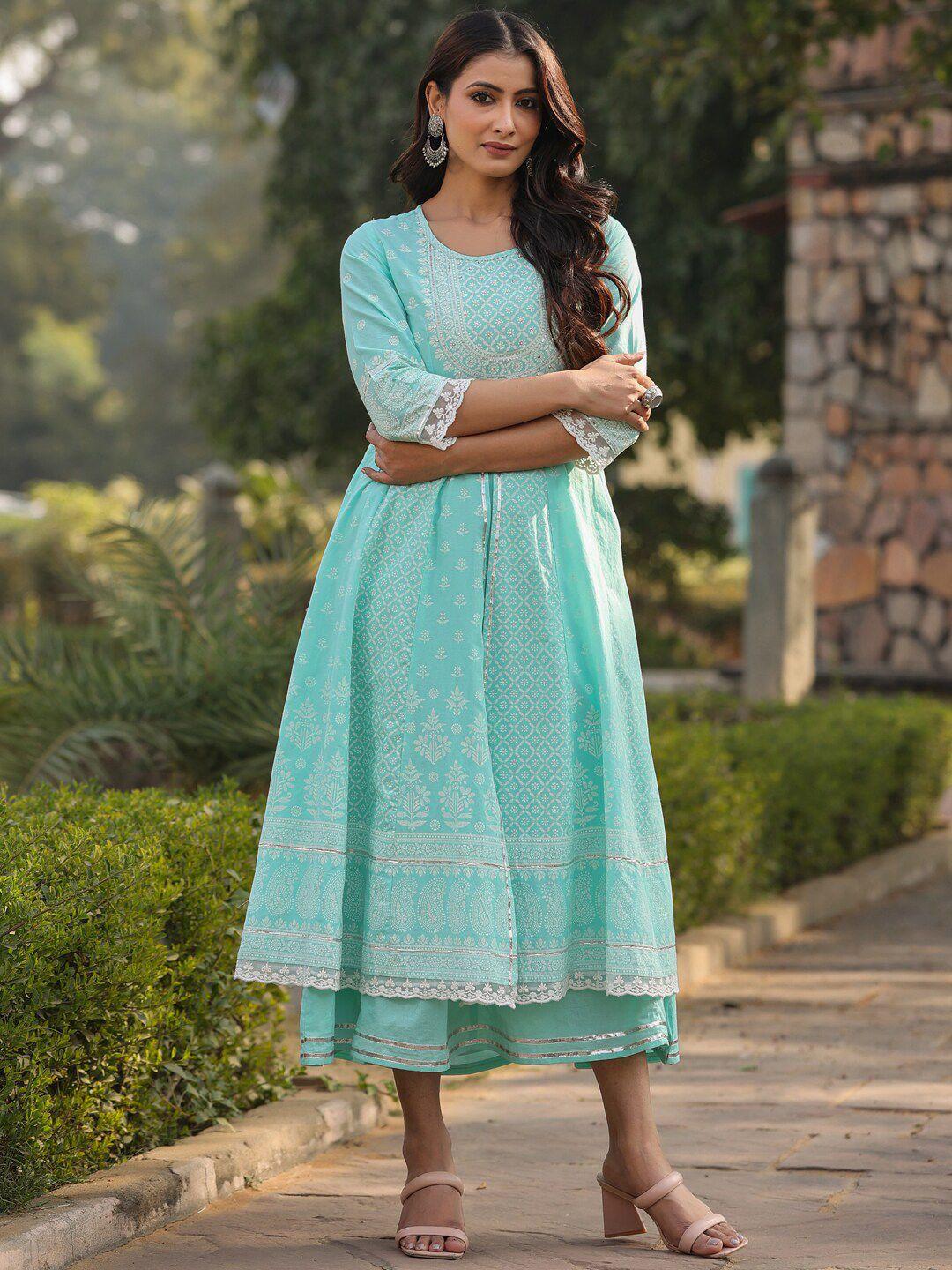 juniper embroidered fit & flared layered midi ethnic dress