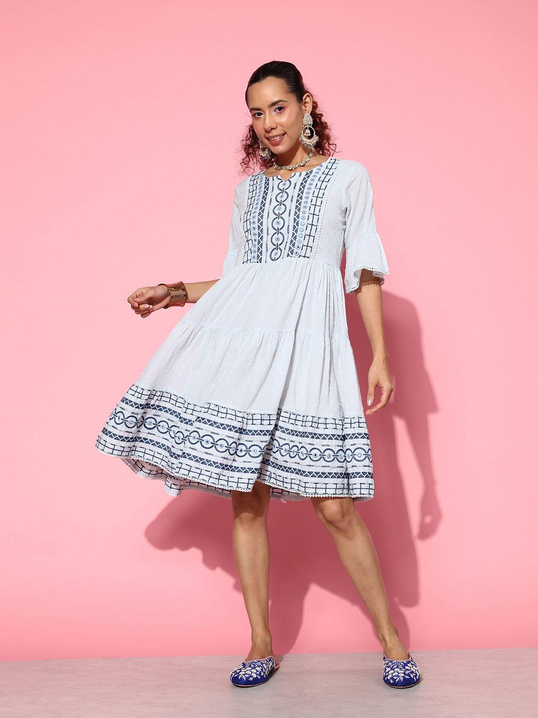 juniper embroidered mirror work tiered fit & flare ethnic dress with lace insert detail