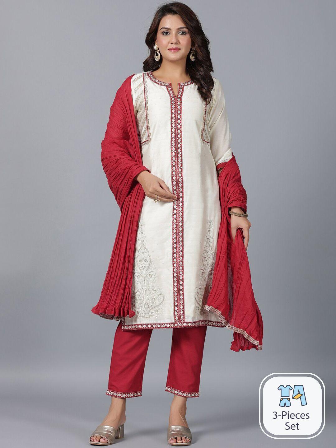 juniper ethnic motifs embroidered sequinned chanderi cotton kurta with trousers & dupatta