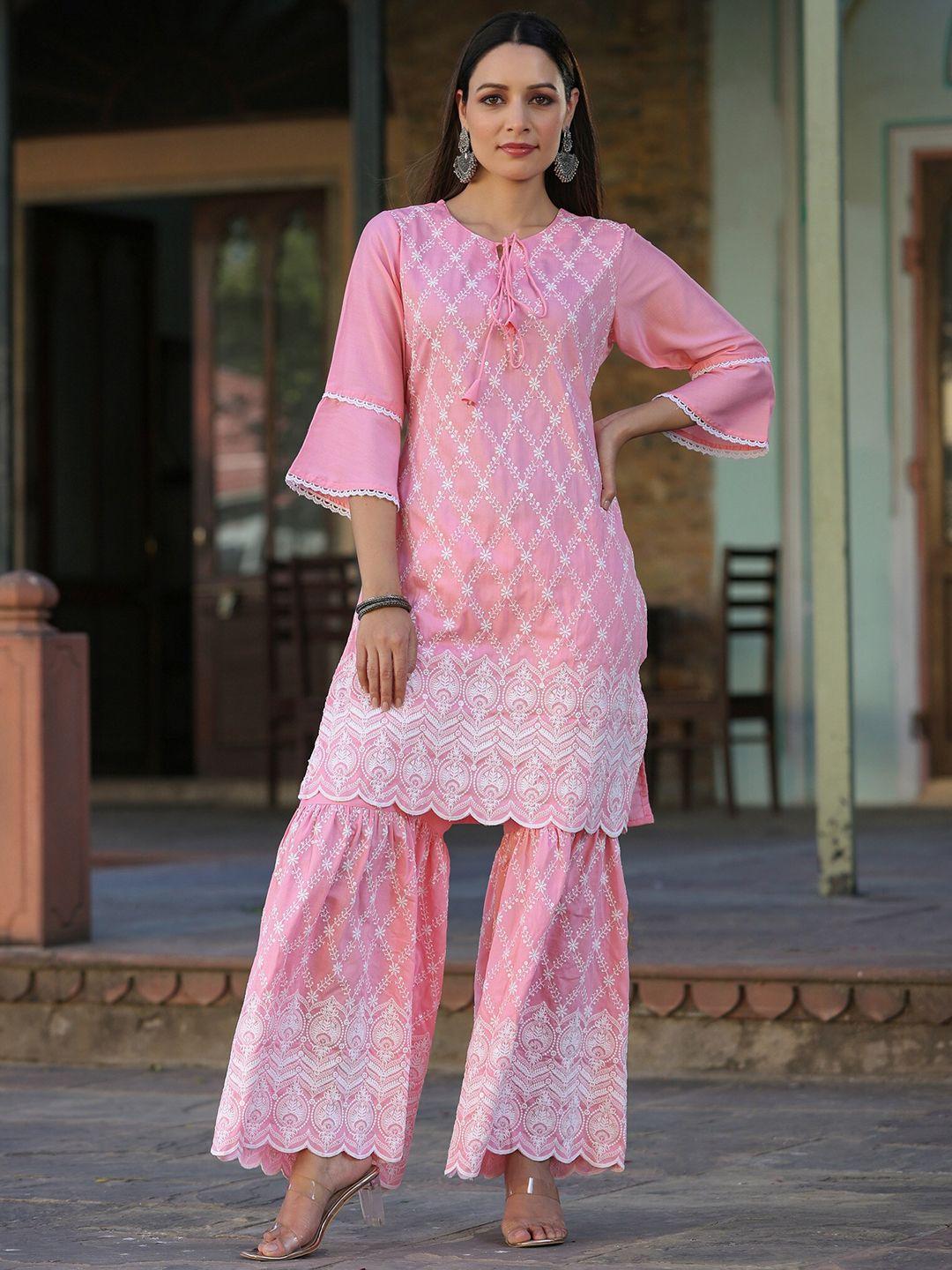 juniper ethnic motifs embroidered thread work tie-up neck kurta with sharara