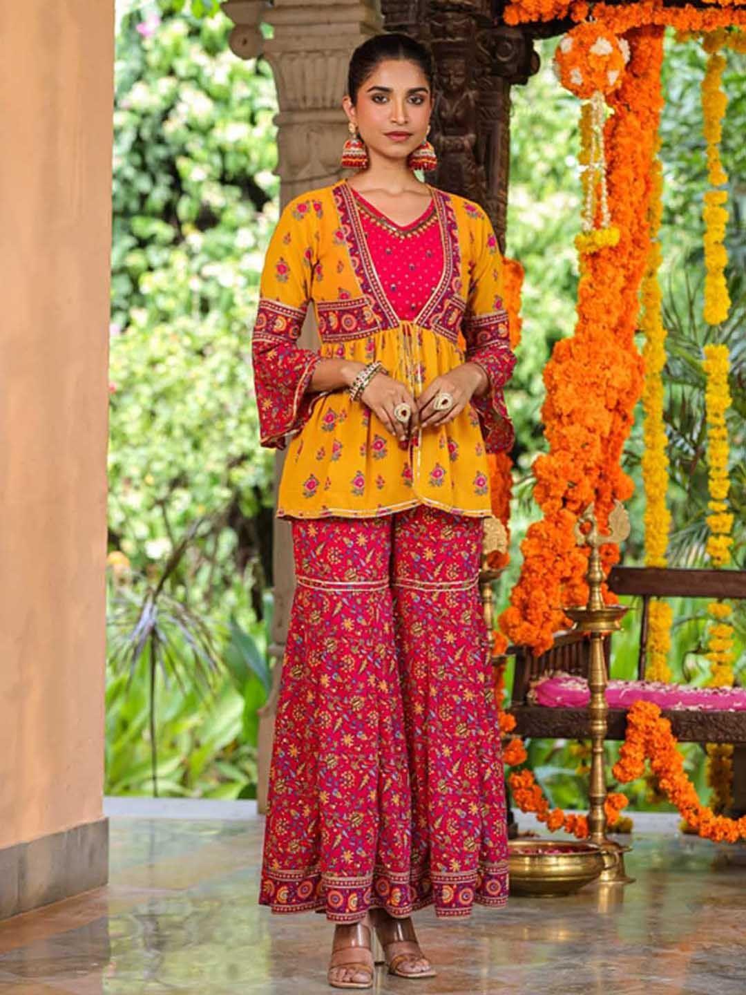 juniper ethnic motifs printed empire kurti with sharara