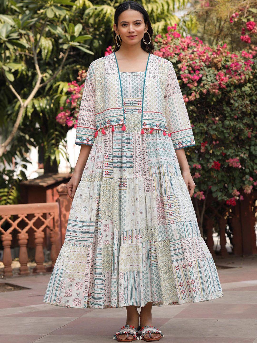 juniper ethnic motifs printed gathered tiered cotton maxi ethnic dress with shrug