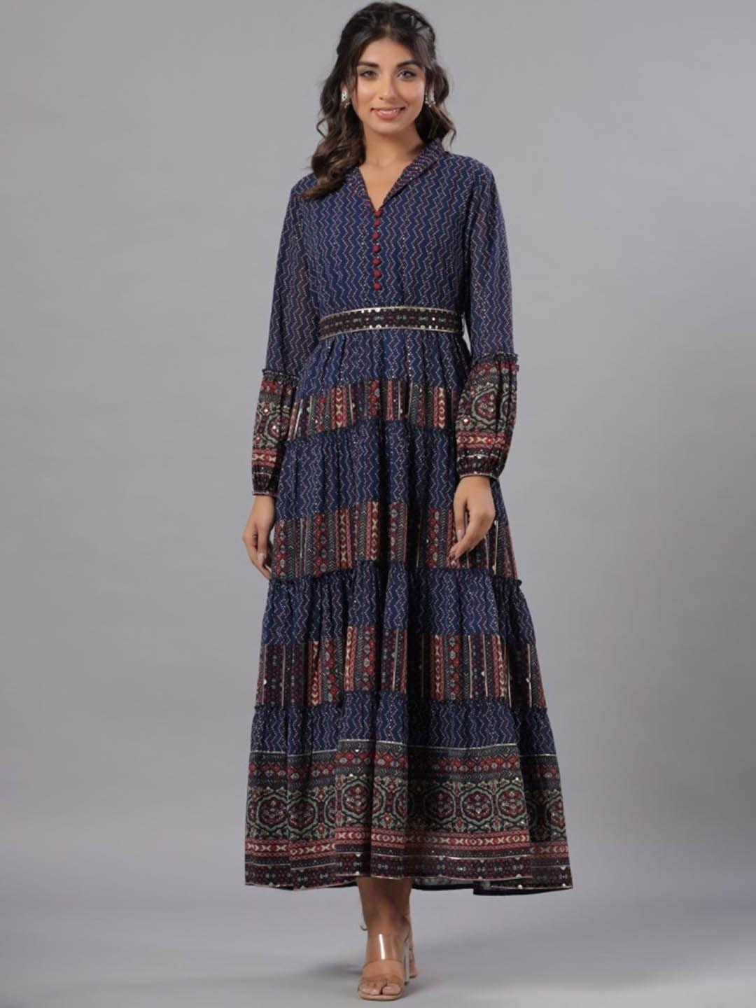 juniper ethnic motifs printed georgette a-line ethnic maxi dress with belt