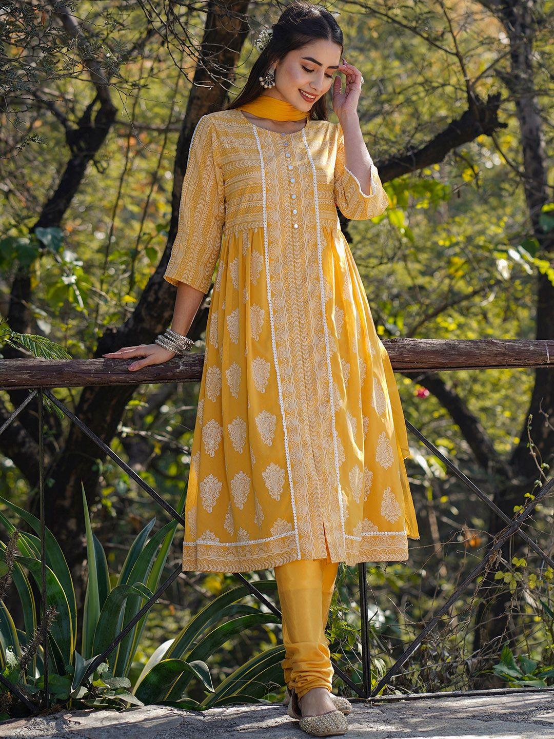 juniper ethnic motifs printed panelled kurta with churidar & dupatta