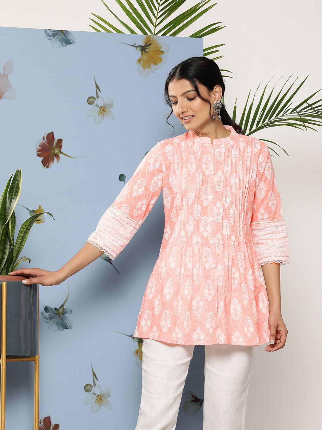 juniper ethnic motifs printed pleated detail a-line tunic with lace insert detail