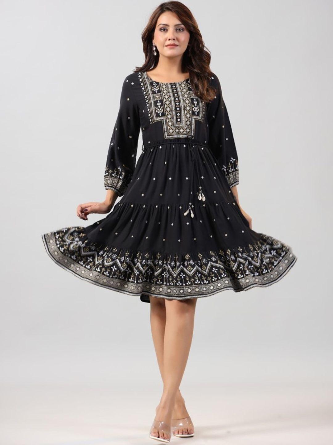 juniper ethnic motifs printed puff sleeves a-line midi ethnic dresses