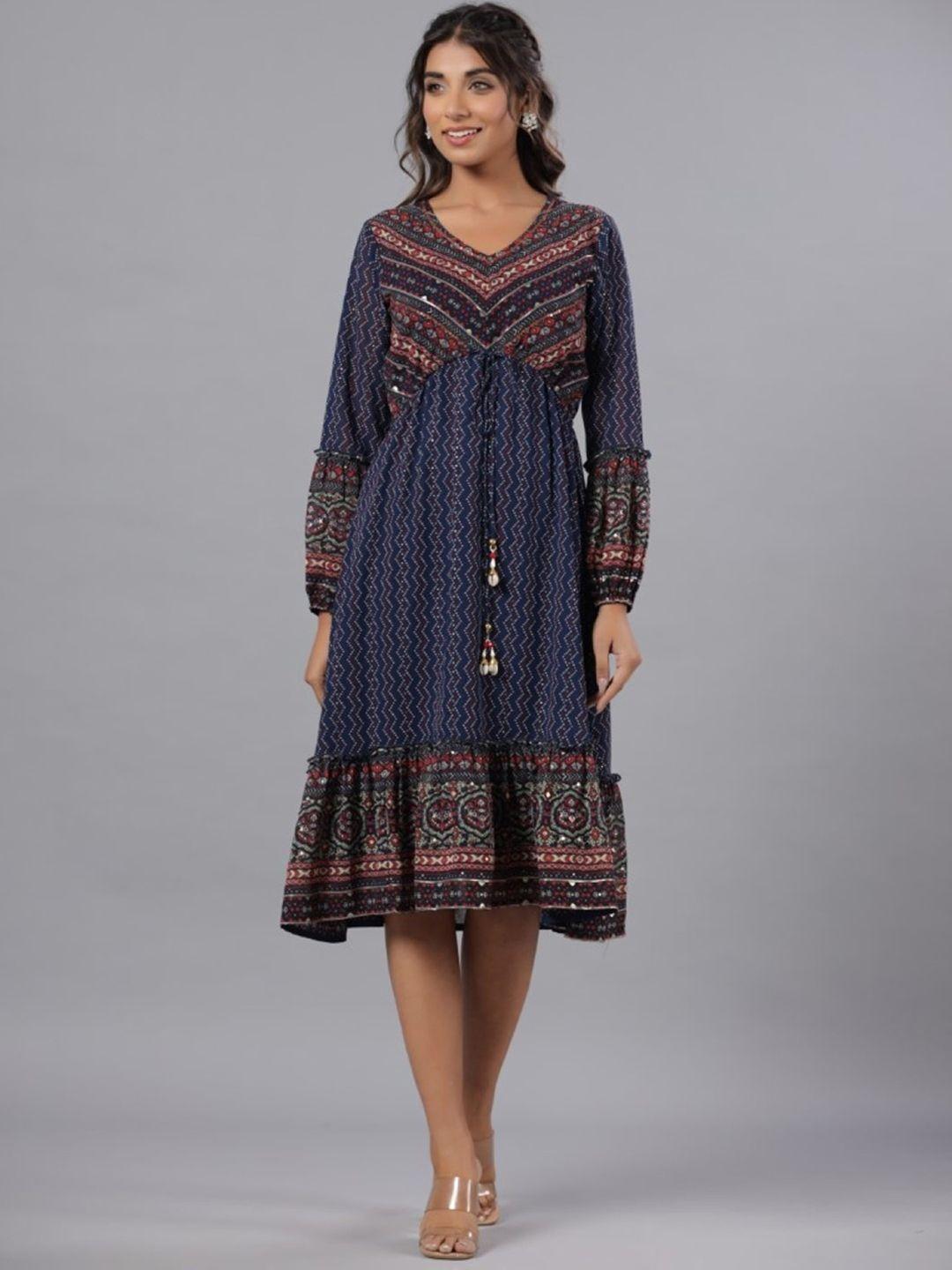 juniper ethnic motifs printed puff sleeves georgette a-line midi ethnic dresses