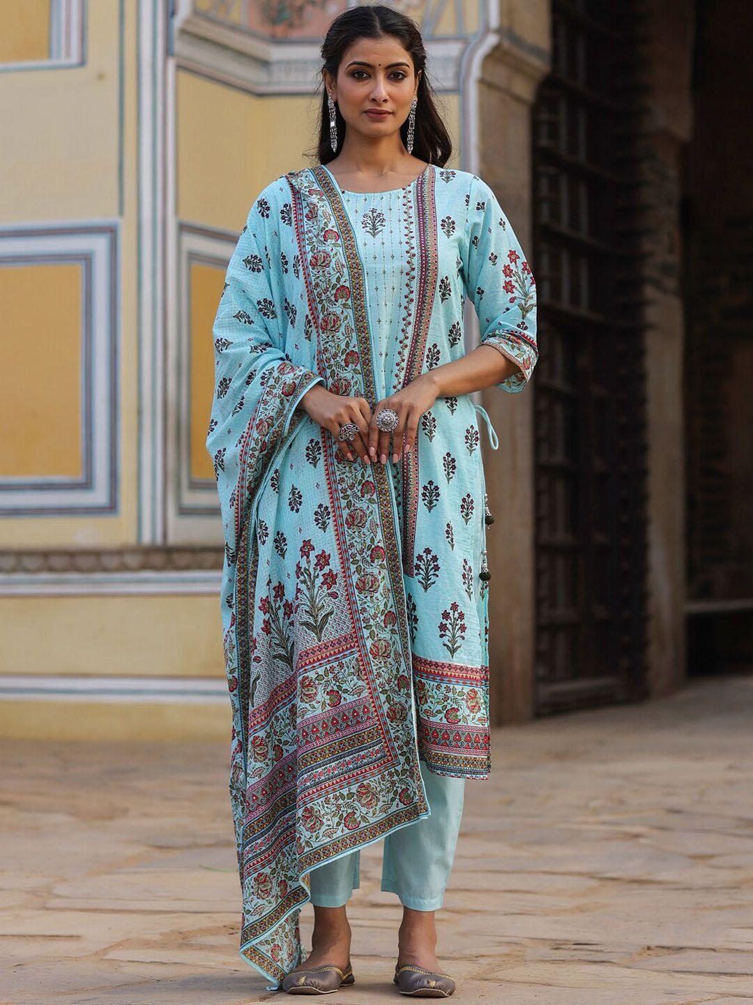 juniper ethnic motifs printed pure cotton kurta with trousers & dupatta