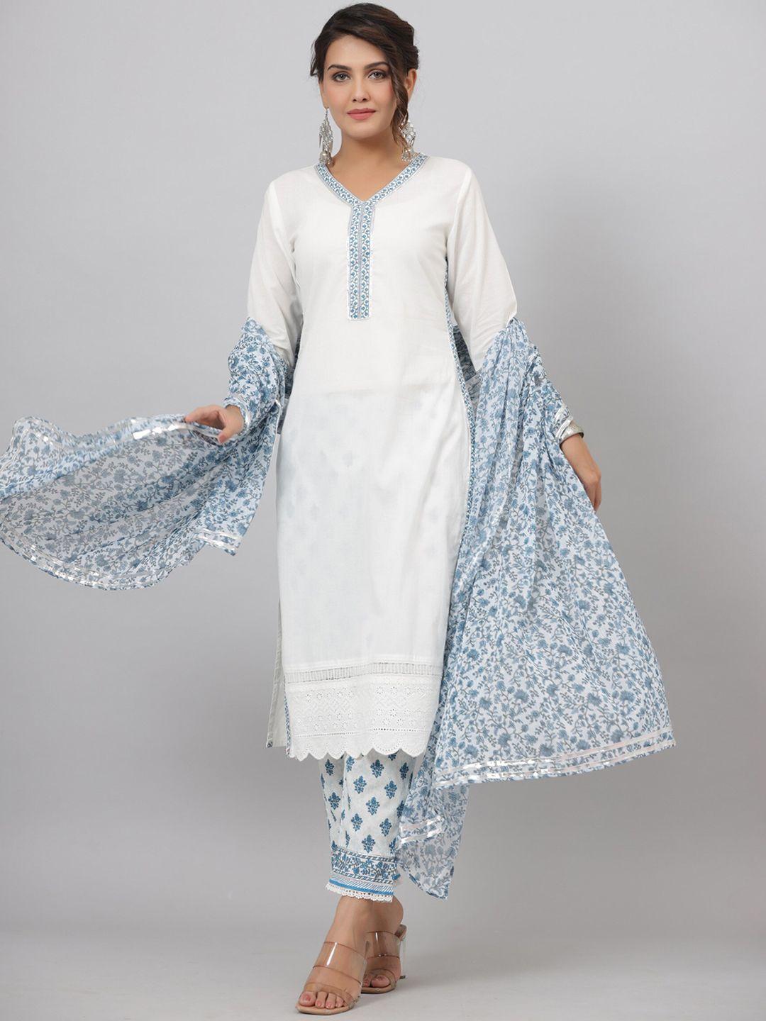 juniper ethnic motifs printed sequined scalloped pure cotton kurta with trousers & dupatta