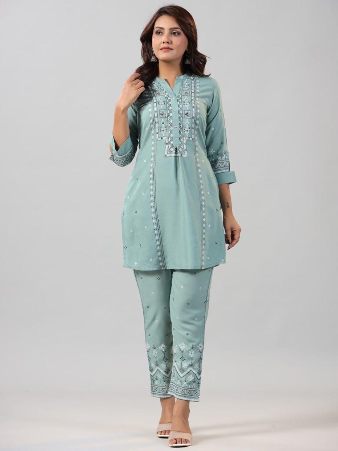 juniper ethnic motifs printed sequinned kurti with trousers