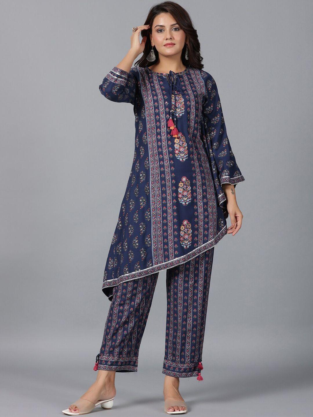 juniper ethnic motifs printed tie up neck regular kurta with trousers