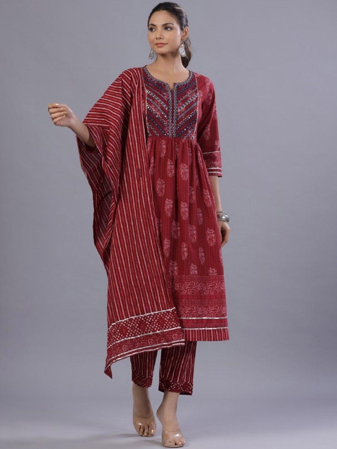 juniper floral printed pleated thread work pure cotton kurta with trousers & dupatta