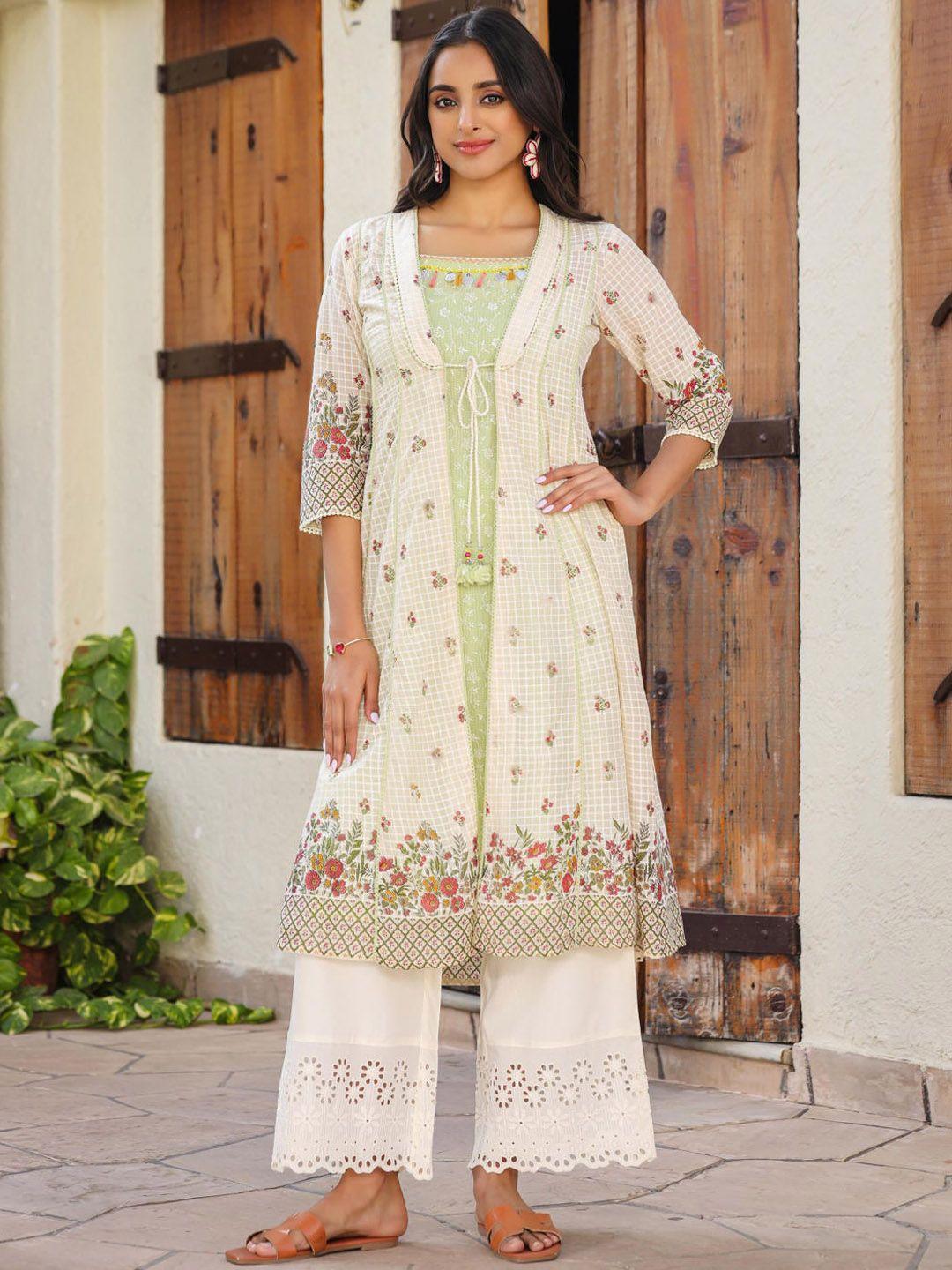 juniper floral printed square neck three-quarter sleeves a-line kurta