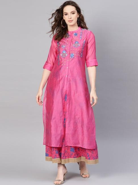 juniper fuchsia chanderi ethnic motif printed layered maxi dress with thread work embroidery