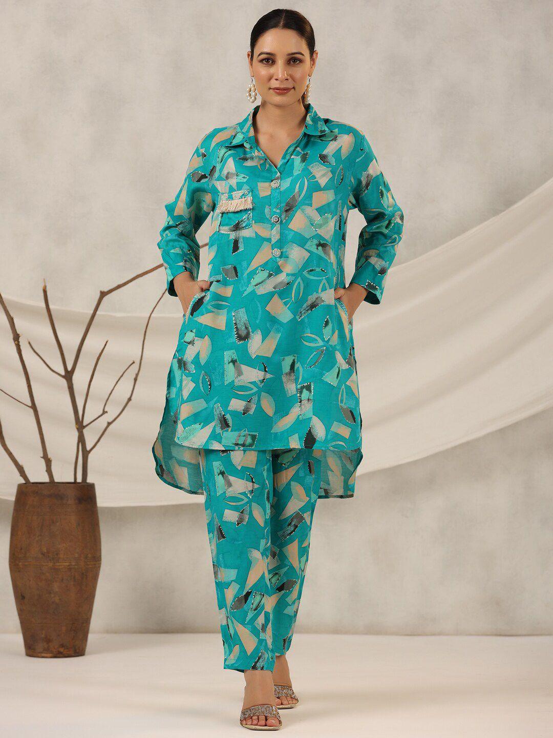 juniper geometric printed shirt collar muslin kurta sets