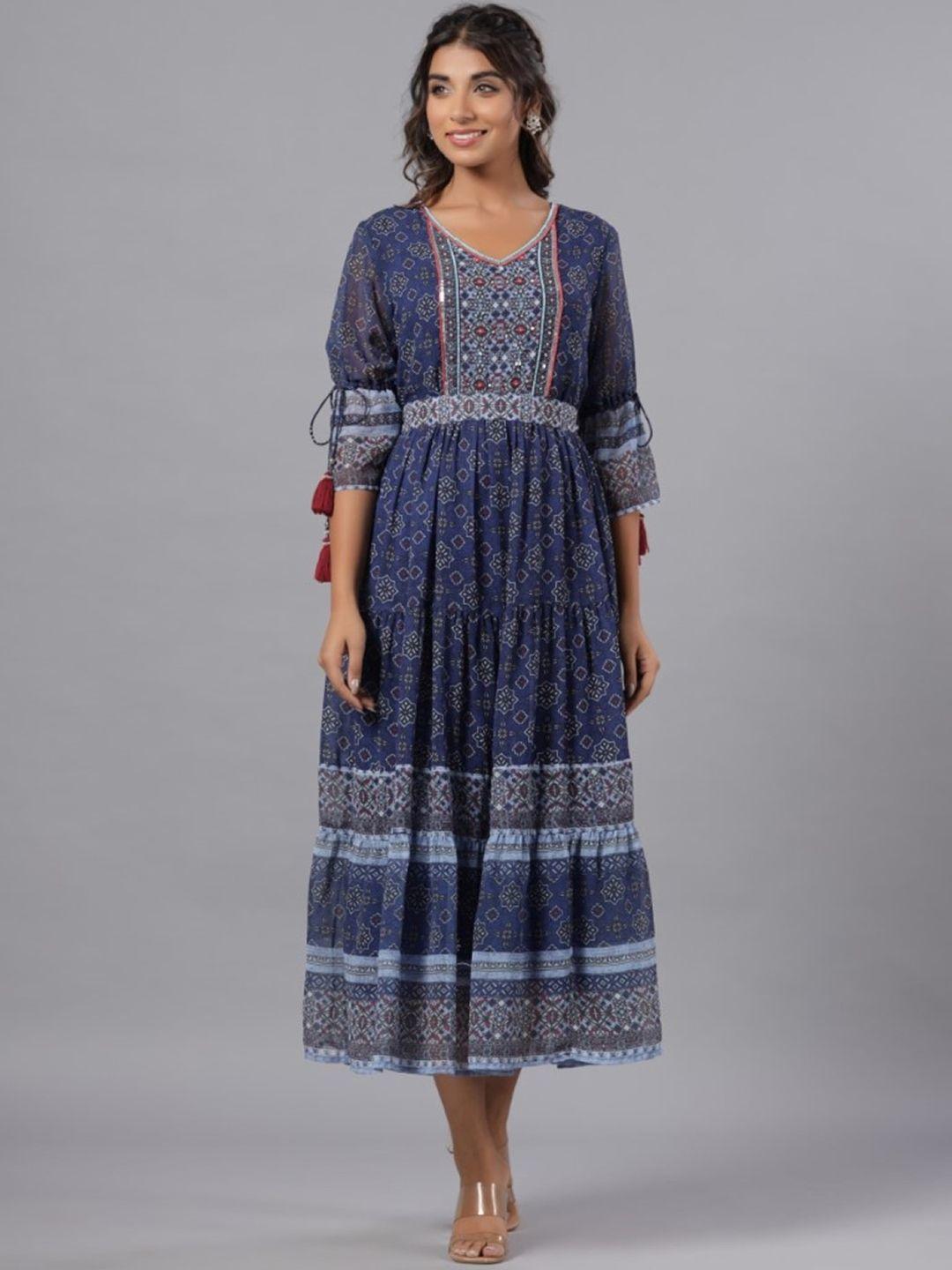 juniper geometric printed v-neck puff sleeves tiered georgette maxi ethnic dresses