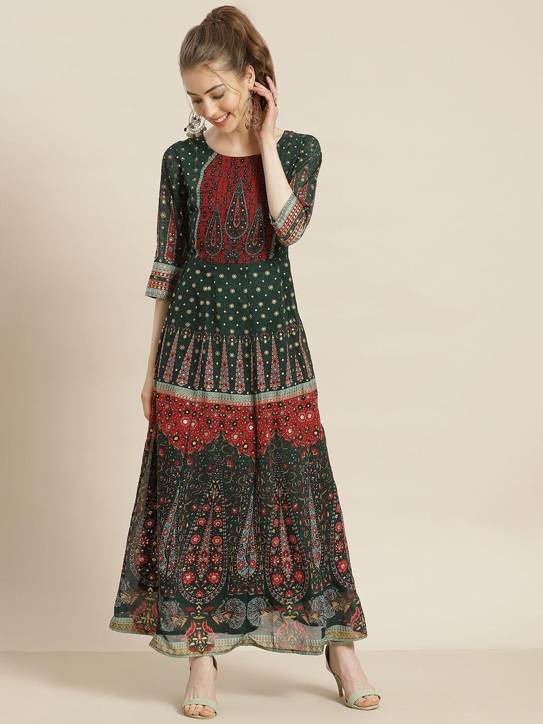 juniper green & red ethnic motifs maxi dress