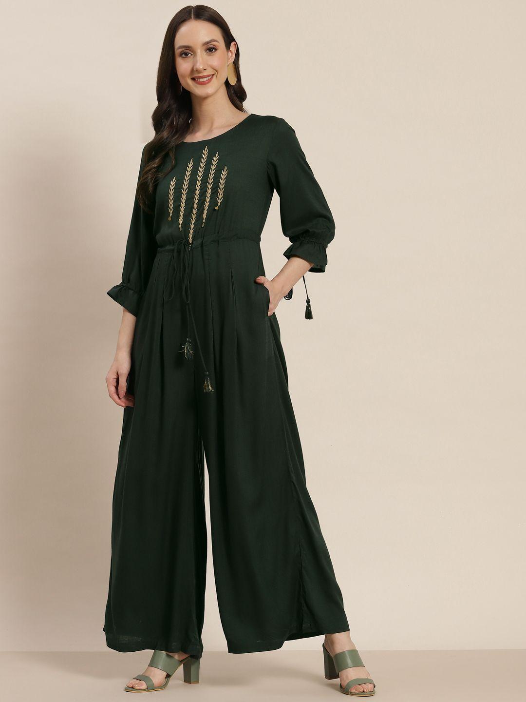 juniper green basic jumpsuit with embroidered detail