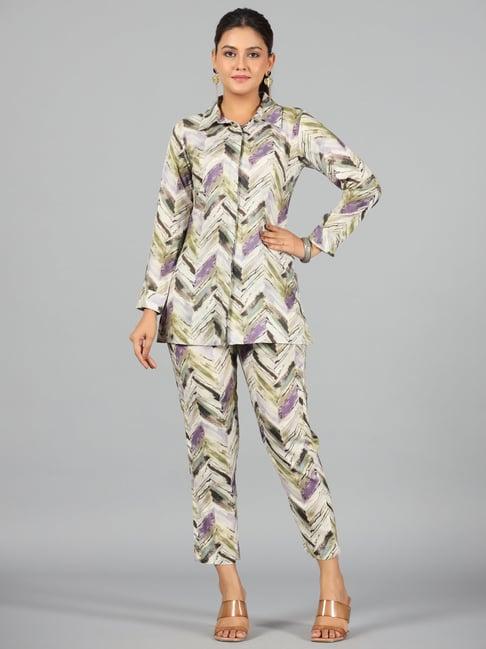 juniper green chevron printed rayon tunic with pants set