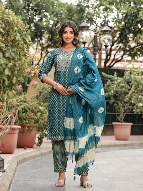 juniper green cotton printed kurta pant set with dupatta