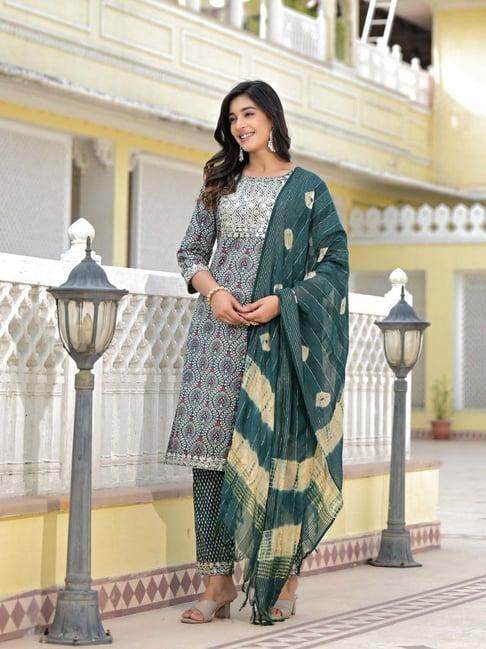 juniper green cotton printed kurta pant set with dupatta