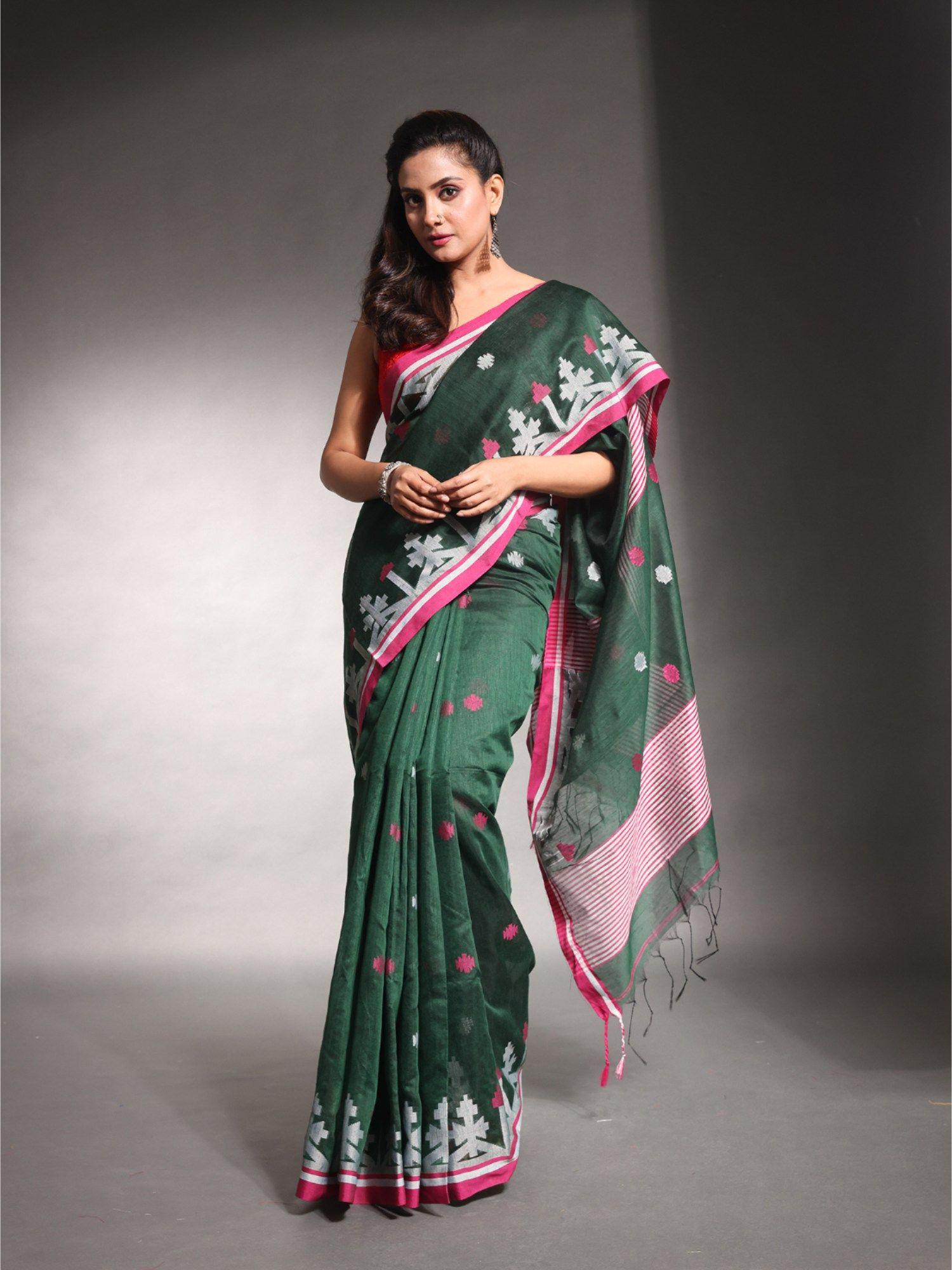 juniper green cotton silk saree with unstitched blouse