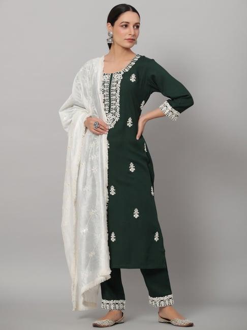 juniper green embroidered kurta pant set with dupatta