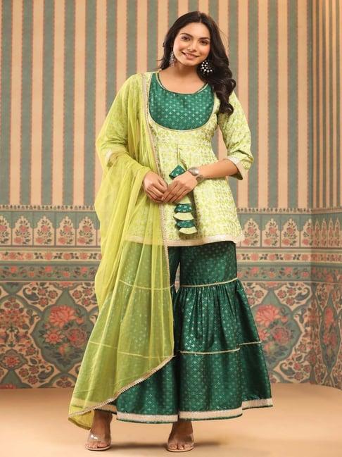 juniper green geometric printed shantoon slub kurta sharara & dupatta set with lace work