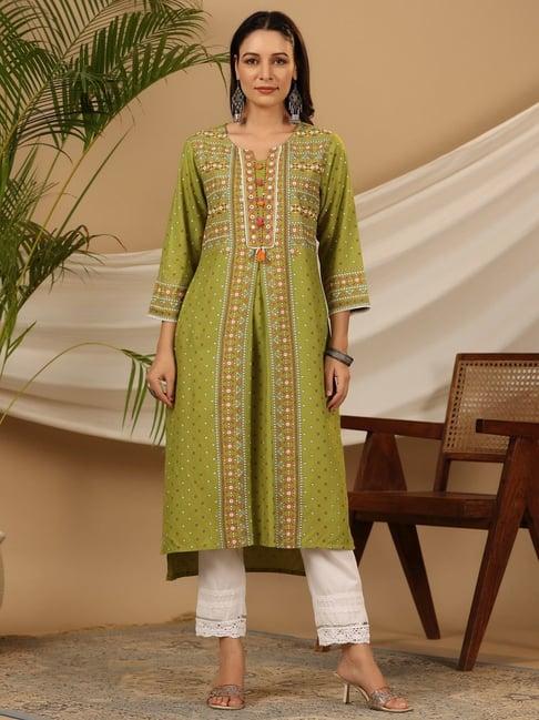 juniper green tribal printed rayon kurta with lace