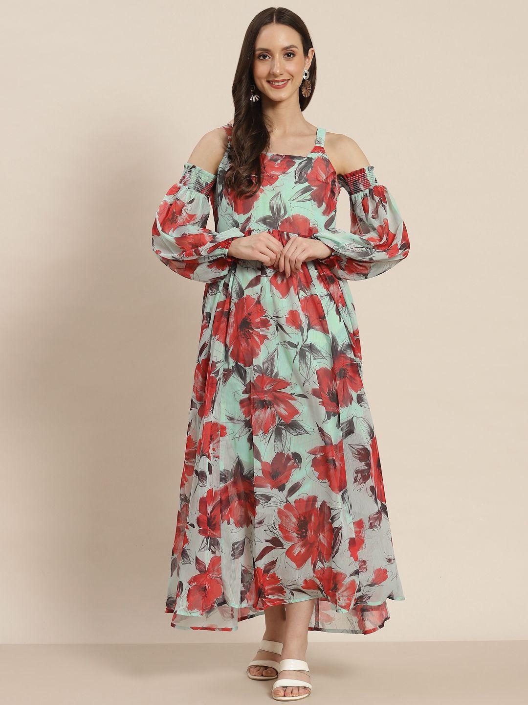 juniper grey & red floral printed chiffon a-line dress