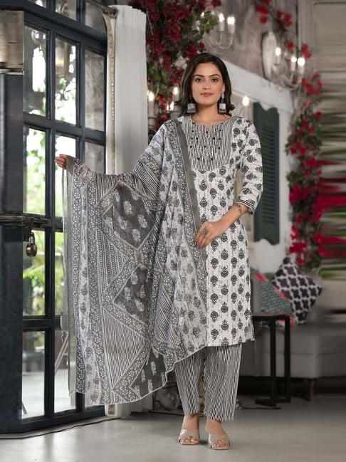 juniper grey cotton printed kurta pant set with dupatta