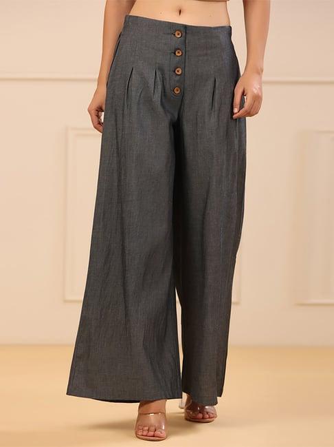 juniper grey solid denim flared palazzos with a button closure & partially elasticated waistband