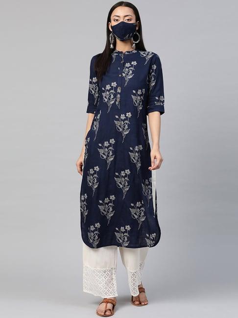 juniper indigo bandhani printed rayon slub straight kurta with buttons