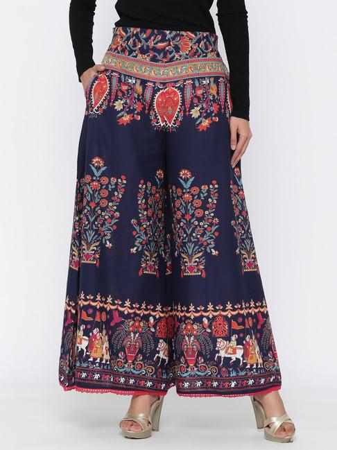 juniper indigo ethnic motif printed flared cotton women palazzo with one pocket