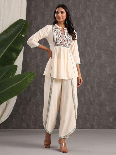 juniper ivory rayon embroidered peplum tunic dhoti set