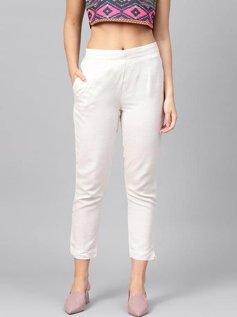 juniper ivory solid rayon flex slim fit women pants with two pockets