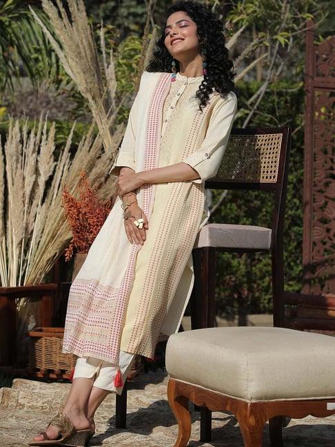 juniper ivory stipes printed rayon straight kurta pants & cotton voile dupatta