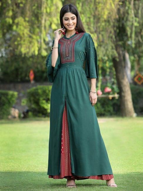 juniper jade green & red embroidered high-slit kurta palazzo set