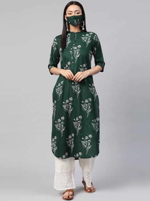 juniper jade green bandhani printed rayon slub straight kurta with buttons