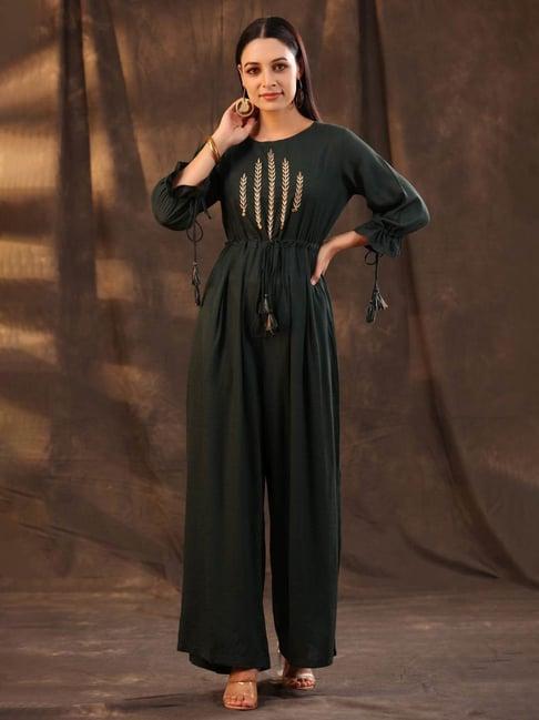 juniper jade green ethnic motif printed rayon slub jumpsuit with zari work embroidery