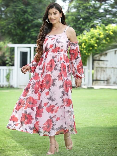 juniper light pink floral printed chiffon maxi dress with adjustable straps & cold shoulder