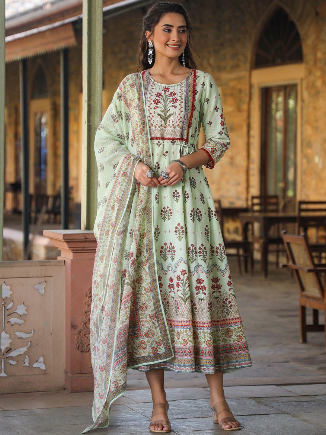 juniper lime green ethnic motifs printed cotton ethnic dress with dupatta